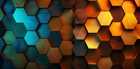a colorful abstract background with hexagon pattern, in the style of luminescence, dark cyan and amber, light sculptures, light black, lightbox, glowing lights. generative AI - obrazy, fototapety, plakaty