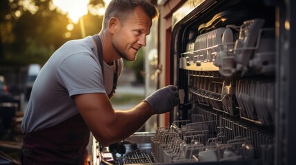 Repair of dishwashers. Repairman repairing dishwasher in kitchen - obrazy, fototapety, plakaty