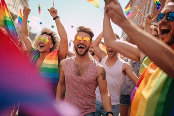 Group of friends celebrate gay pride with flags by dancing at a demonstration for support for equality