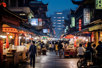 Bustling night market in vibrant China, illuminated stalls and lively atmosphere showcase Asian...