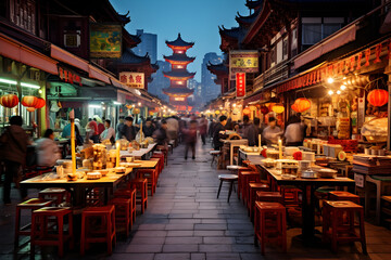 China night market, Illuminated stalls and bustling streets. - obrazy, fototapety, plakaty