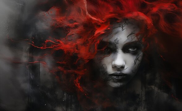 woman red hair black face banner creepy feelings color scheme promotional shattered monochromatic shapeshifter necrosis early overlay ashes girl white eyes header stunning design