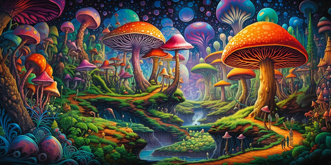forest mushrooms stream marijuana greenery paradise city forbidden planet transcending higher plane drugs pilgrimage - obrazy, fototapety, plakaty