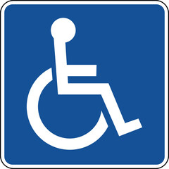 Vector graphic of a blue usa Handicapped Accessible mutcd highway sign. It consists of a silhouette of a handicapped person in a wheelchair contained in a blue square - obrazy, fototapety, plakaty