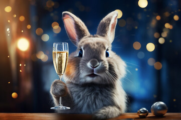 Golden Lunar Celebration, Year of the Rabbit Bunny Sparkles with Champagne