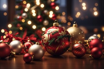 Escena de Navidad con decoración navideña, bolas, árboles, regalos y luces de colores - obrazy, fototapety, plakaty