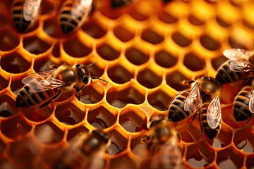 macro photography of bee hives - obrazy, fototapety, plakaty