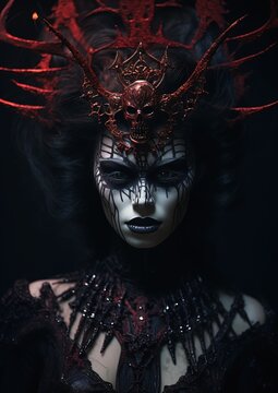 closeup woman black red makeup xiii crown fabric horror clothing daughter death high priestess tendrils