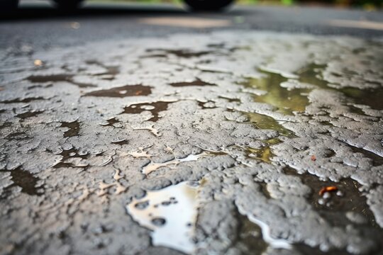 Dark puddles, engine's secret, stain driveway's pale surface.