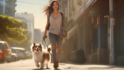 Obraz premium A cute dog on a leash is walking along a city street with a woman, the dog is next to the owner.