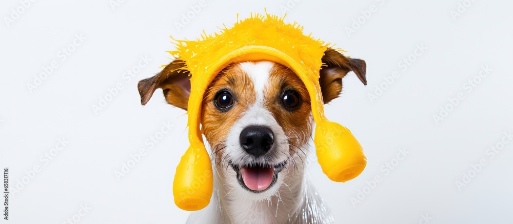 Poster Jack Russell Terrier dog with foam bath shower cap white background