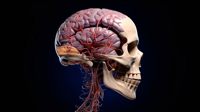 Illustration of Human Cranium Brain Section. Human Anatomical Skull section with brain, nervous system and blood vessels. Generative Ai