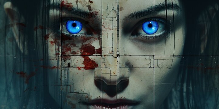 scary close up of face with piercing blue eyes horror style background wallpaper with grit and grain and vintage elements