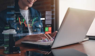 Fotobehang analysis, chart, graph, indicator, finance, candlestick, investment, growth, dashboard, statistic. typing laptop to use indicator for analysis trend, then invest into cryptocurrency via candlestick. © Day Of Victory Stu.