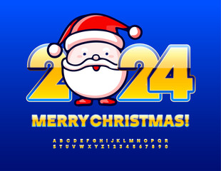 Vector artistic Greeting Card Merry Christmas 2024 with funny Santa Claus. Bright Yellow and Blue Font. Set of creative Alphabet Letters and Numbers