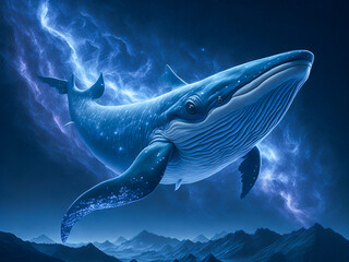 A blue whale soaring in the space