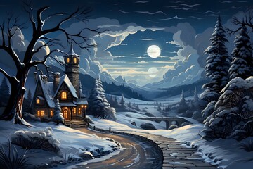 Winter landscape in the snowy night
