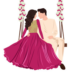 vector indian wedding bride and groom wearing traditional wedding dresses - obrazy, fototapety, plakaty