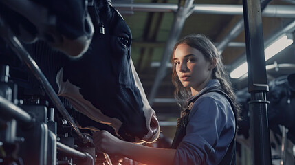 A young farmer woman cow milking with facility and modern mechanized milking equipment. Generative Ai