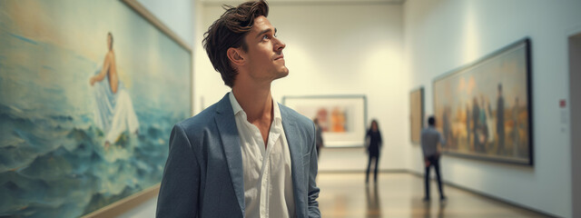 Man looks at paintings in a gallery during an exhibition - obrazy, fototapety, plakaty