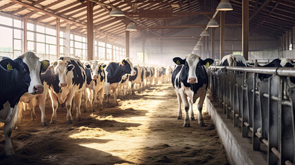 Cows at cowshed eating hay, bright and airy milk production plant in full swing. Generative Ai - obrazy, fototapety, plakaty
