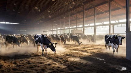 Fotobehang Cows at cowshed eating hay, bright and airy milk production plant in full swing. Generative Ai © tong2530