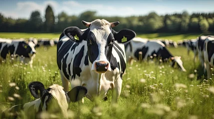Gordijnen Dairy cows in a farm, Farm dairy and milk production livestock industry. Generative Ai © tong2530