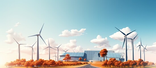 Illustration of a wind park solar panels and power lines - obrazy, fototapety, plakaty