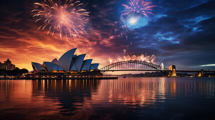 Obraz premium New Year's Eve fireworks in Australia, reflections in the water and a back in the middle