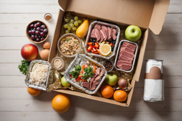 Delivery of ready made healthy food at home. Various dishes, meat cuts, fruits and vegetables in containers in a box, top view - Powered by Adobe