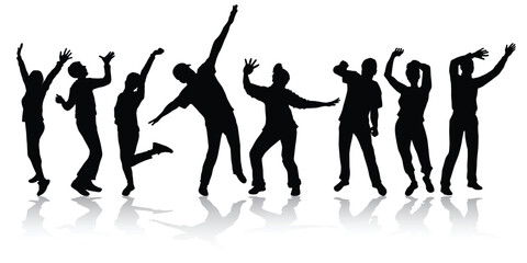Happy women and men dancing silhouettes