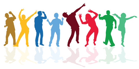 Happy women and men dancing silhouettes