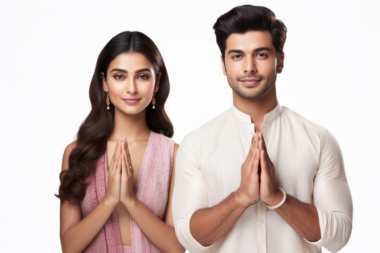 indian couple doing namaste or welcoming gesture.