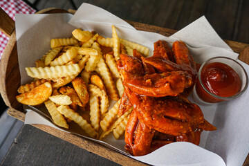 French fries with ketchup on the table