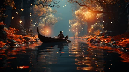 Wall murals Forest river boat flowing in calm river water, in beautiful generative forest ai