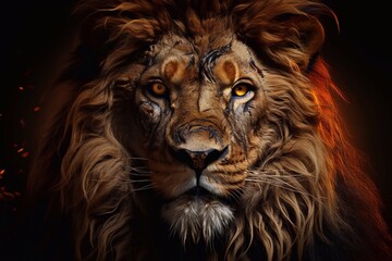 a close up of shot Lion king with golden crown on black background. Fantasy illustration. Generative AI