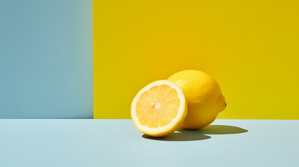 Slice of yellow Lemon fruit minimalist on a blue table