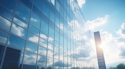 Modern office building or business center. High-rise window buildings made of glass reflect the clouds and the sunlight. empty street outside  wall modernity civilization. growing up business