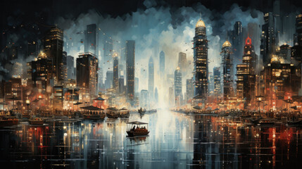 Fototapeta premium Big fireworks over a big city in the USA