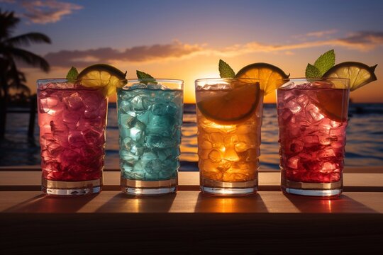 a photo of Cocktails on the beach at sunset. Cocktails in a glass Generative AI
