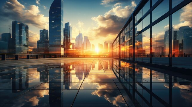 Modern office building or business center. High-rise window buildings made of glass reflect the clouds and the sunlight. empty street outside  wall modernity civilization. growing up business