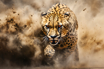 A cheetah running through the sand