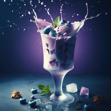 Food photo of a Blueberry ice cream in a stylish modern glass, ice cubes, nuts, mint leaves, splashing milk cream in a gradient purple background. Fluid motion. Dynamic movement
