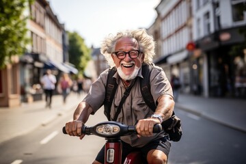 Older man smiling while riding an electric scooter in urban environment