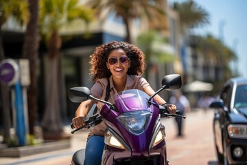 Fototapeta na wymiar Smiling African-American woman riding electric motorcycle through urban environment