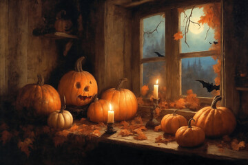 halloween holiday decorations, jack-o-lantern pumpkins and candles on a windowsill, flying bats outside the window, moonlit night, dark, scary