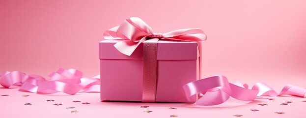 Pink gift box pink ribbon on pink background.