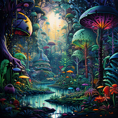 Psychedelic art of mushroom jungle - obrazy, fototapety, plakaty