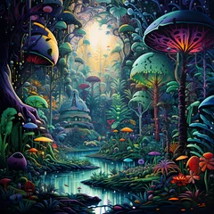 Foto op Canvas Psychedelic art of mushroom jungle © AhmadSoleh