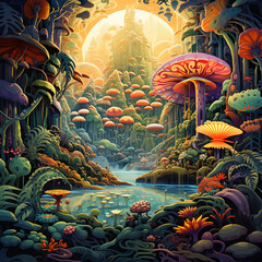 Psychedelic art of mushroom jungle